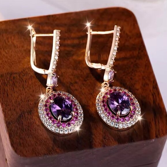 NWT Vintage Style Crystal Huggie Drop Earrings 14K Gold Plated Pink Purple - Picture 8 of 10
